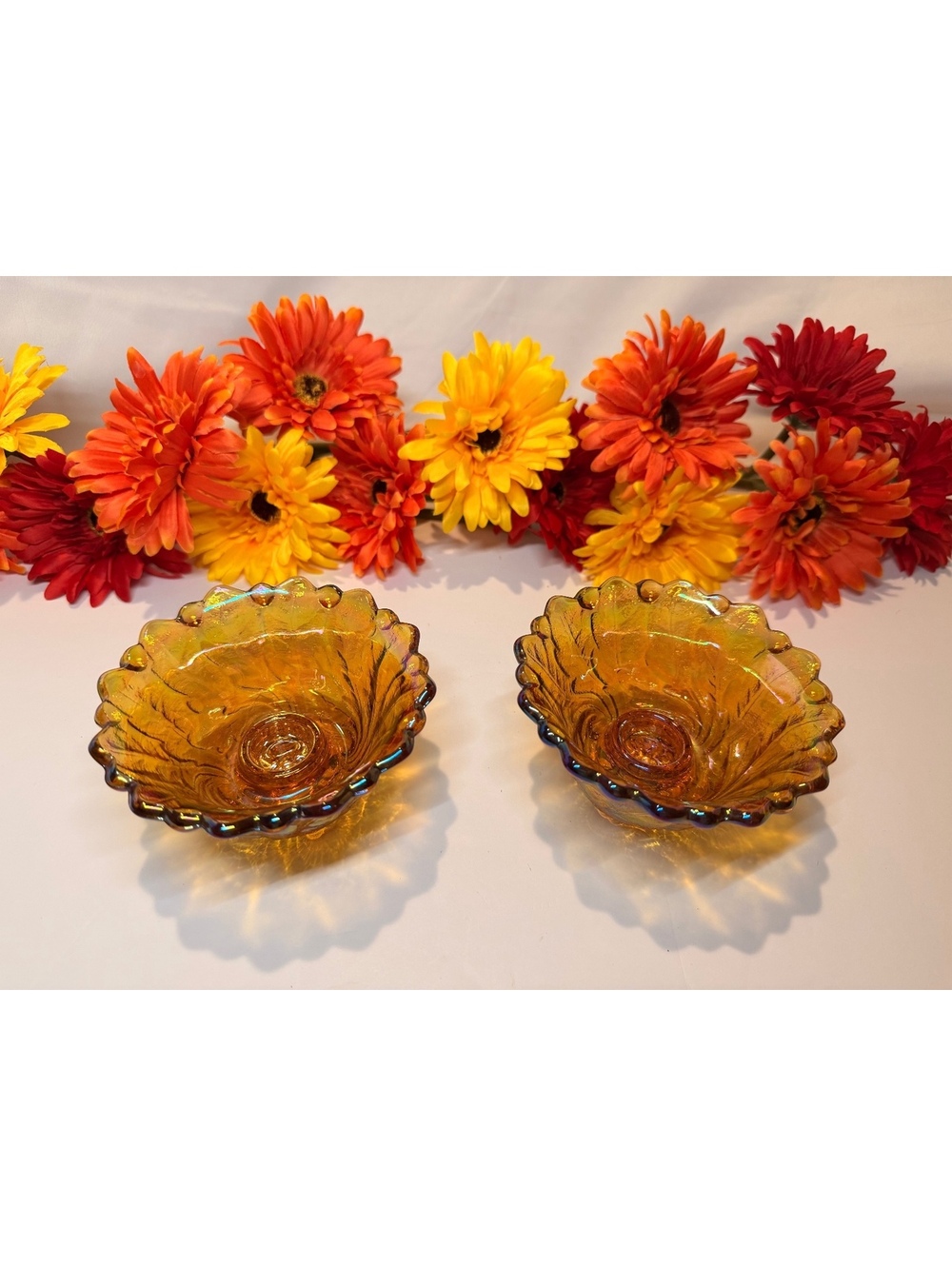Pair Vintage Marigold Carnival Glass Wild Rose Candle Holders Iridescent